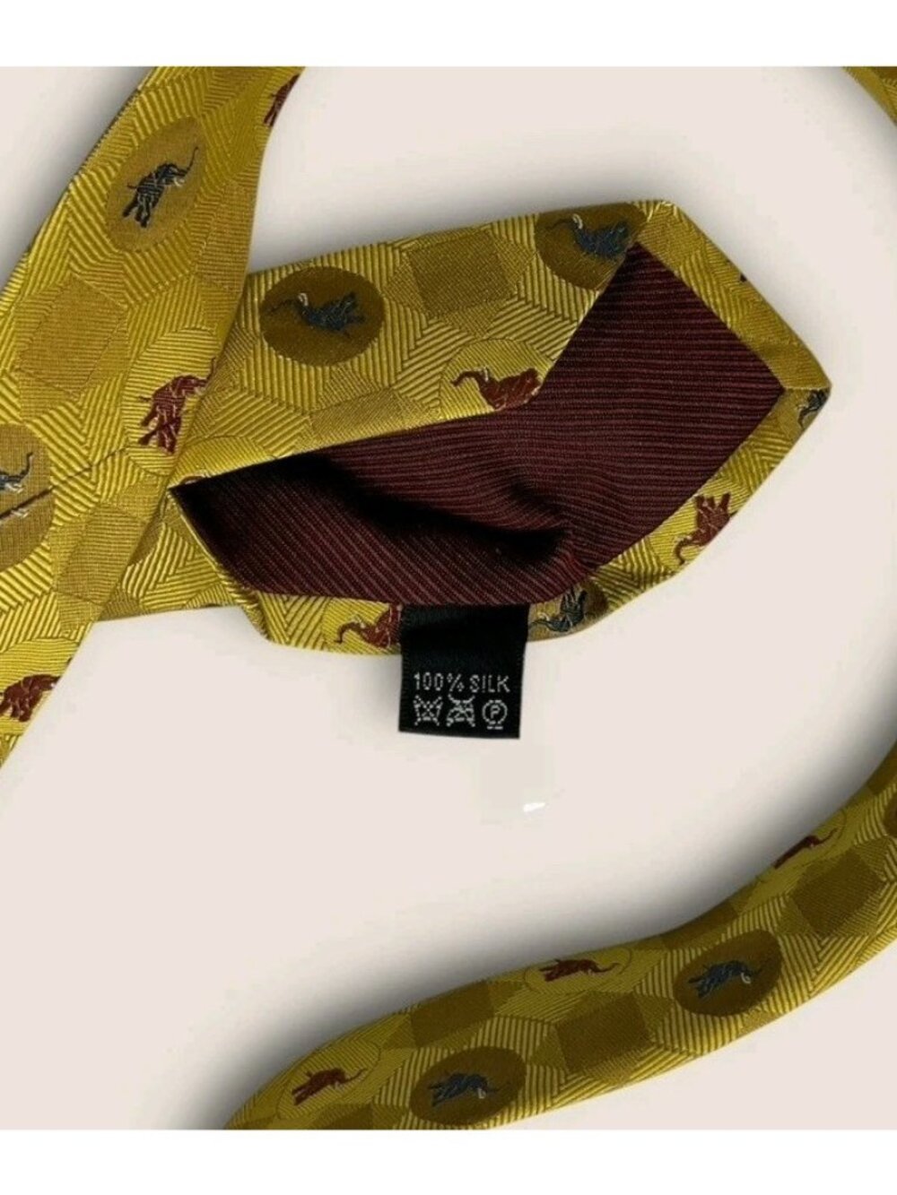 JIM THOMPSON Silk Tie THAILAND Gold Brown Blue Geometric Elephant W:3.8" EUC - Picture 3 of 6